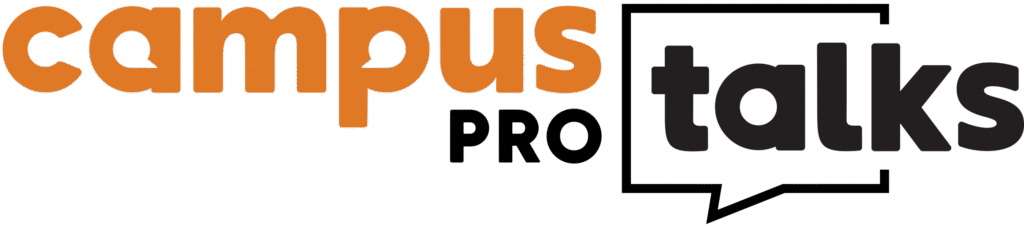 The words campus pro talks, with a rectangular callout around the letters t a l with the triangular callout below the o